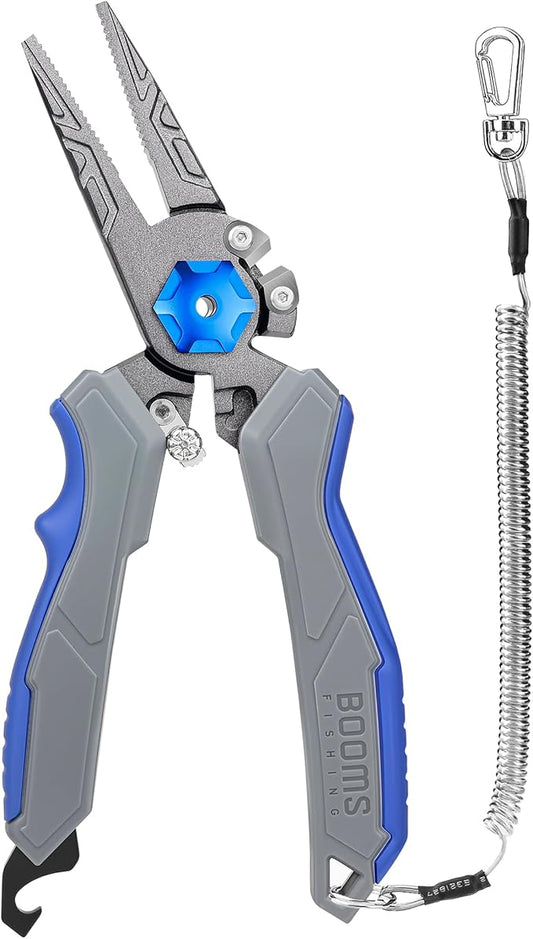 Booms Fishing Pliers Hook Remover: 8.1" Angled Carbon Steel Fish Pliers for Saltwater - Fishing Line Cutter with Lanyard - Braided Cutters & Crimper with Safety Lock, Multi-Function Gear for Men, F09