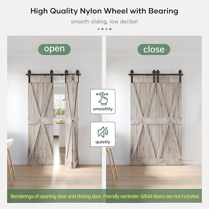 52" Bifold Sliding Barn Door Hardware Track Kit,Side Mounted Black Spoke Wheel Roller,Smoothly and Quietly,Assembly Easy,Fit Four 12" Bi-Folding Doors (Door Not Included)
