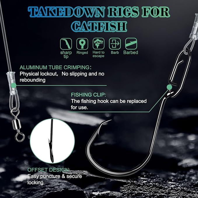 Catfish Rigs with 2oz Pyramid Sinker，High Carbon Circle Hooks 6/0 8/0，3/6pcs Catfish Float Rigswith Adjustable Bottom-lowering Device,Take Down Rigs for Catfish,Complete & Ready-to-Use Kit