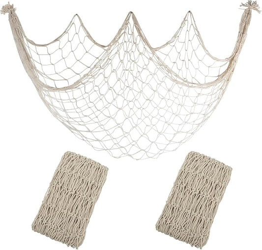 2 Pack Fish Net Decorations - 80x40 Inch Beige Fishing Net Decor for Under The Sea Hawaiian Beach Themed Party, 3mm Natural Cotton Versatile Nautical Netting for Wall Table Ceiling Halloween Decor