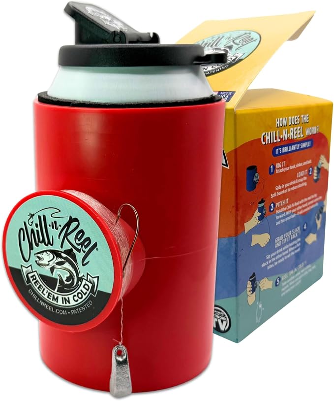 Made in USA | Fishing Can Cooler | Top Camping Essentials, Boat Gifts, Kayak Accessories, and Lake Float Gadget | Great Camper Must Haves | Fun Fishing Gift | Retail Box Packaging | Red