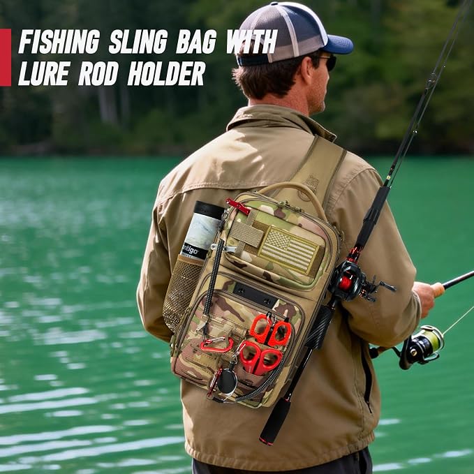 Fishing Sling Bag, Fishing Bag With Rod Holder Fixed Stickers, MOLLE System, Soft Bait & Gear Storage, Gift for Men, Khaki