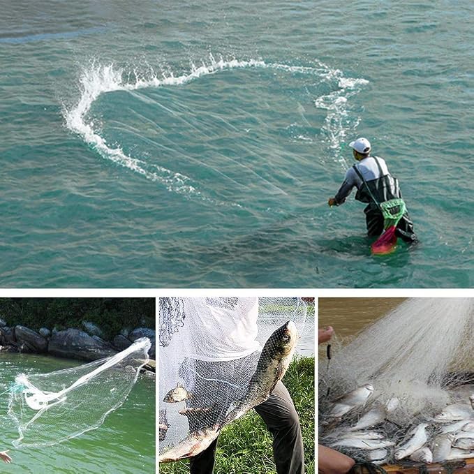 Yeahmart American Saltwater Fishing Cast Net for Bait Trap Fish 3ft/4ft/5ft/6ft/7ft/8ft/9ft/10ft Radius Casting Nets with Heavy Duty Real Zinc Sinker Weights, 3/8inch Mesh Size