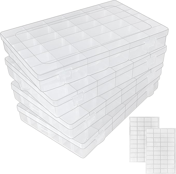 Guyuyii 4 Pack Clear Plastic Organizer Box - 36-Grid Adjustable Dividers Storage Container with Secure Lid - BPA-Free Small Part Case for Earrings, Jewelry, Fishing Lures, Screws & Hardware, No Handle