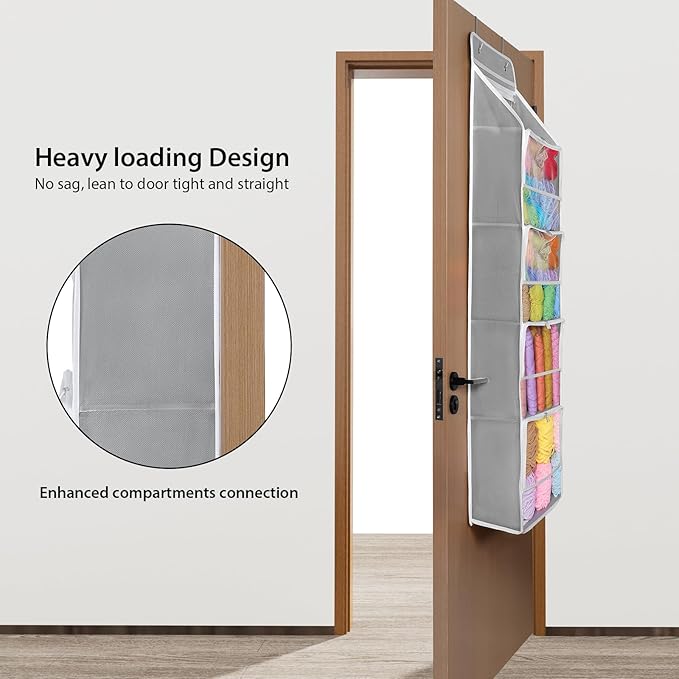 Univivi Hanging Yarn Storage Organizer with 5 Zipper Closure Compartments, Large Capacity Knitting Organizer Storage, Over the Door Hanging Yarn Holder for Knitting Needles, Crochet Hooks (Light Grey)