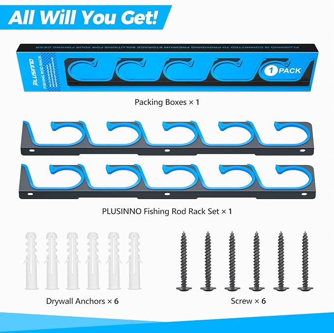 PLUSINNO H5 Horizontal Fishing Rod/Pole Holders for Garage, Wall Ceiling Mounted Fishing Rod Holder, Aviation Aluminum Fishing rod rack Holds up to 5/10/20 Rod or Combos Fishing Gear and Gifts for Men