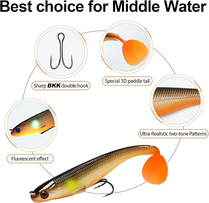 TRUSCEND Shadtale Easy Catch Soft Fishing Lures, Unique Vibration and Action for Various Rigs, Paddle Tail Swimbaits Trailer for Bass, Trout, Crappie, Walleye, Redfish, Saltwater & Freshwater Fishing