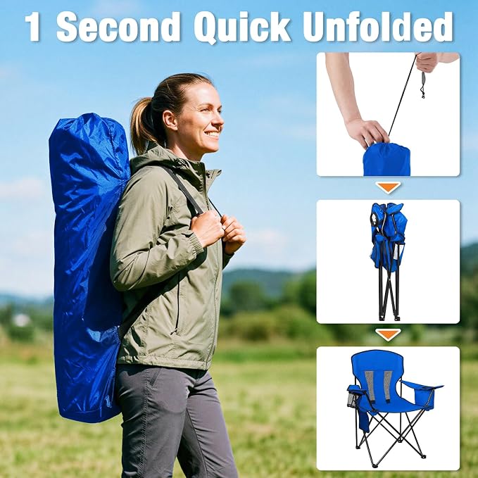 Camping Chairs for Adults 2 Pack, Folding Chair with 4-Can Cooler Bag & Cup Holder, Portable Heavy Duty Outdoor Chair with Mesh Back for Camping, Beach, Lawn, Fishing, Blue