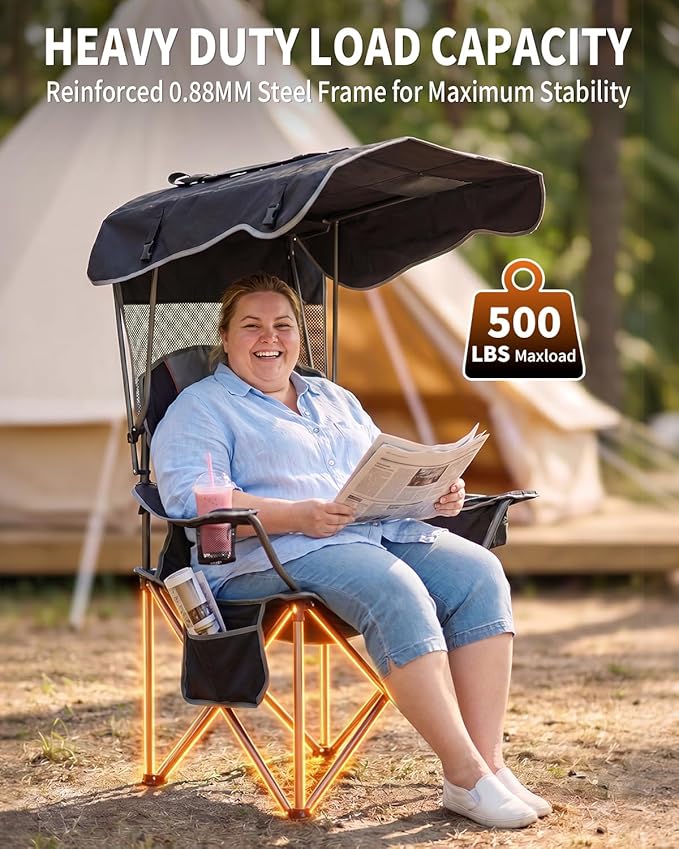 HOPERAN Camping Chair with Canopy, Heavy Duty Beach Chair with Umbrella Cooler Bag Cup Holder Side Pocket Supports 500lbs, Outdoor Folding Chair with Shade for Beach, Lawn, Fishing, Sports