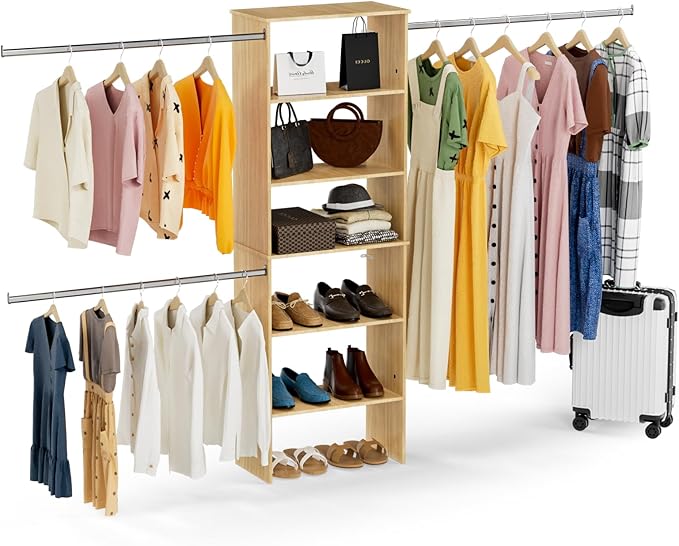 ROOMTEC Closet System, 25.5" Wide Wall-Mounted Closet Organizer Kit with Wood Storage Tower and 3 Hanging Rods, Wardrobe Closet System for Walk-In Closets, Wood