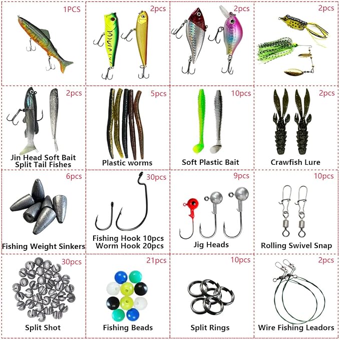 Fishing Lures Kit Set, Baits Tackle Including Crankbaits, Topwater Lures, Spinnerbaits, Worms, Jigs, Hooks, Tackle Box and More Fishing Gear Lures for Bass Trout