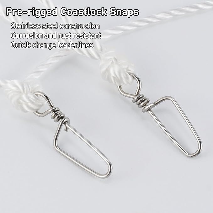 Dr.Fish 100/295ft Trotline Fishing Set up 20/60 Hooks Twine Pre-Rigged Snaps Leader for Traditional Dropline Catfishing Gear Kit Catfish Rig Catfishing Tackle
