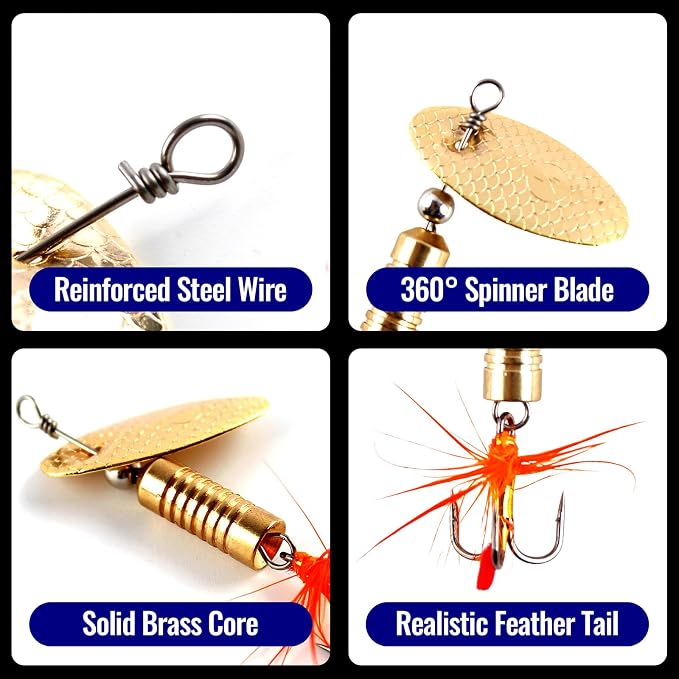 Trout Spinnerbait Lures Inline Rooster Tail Fishing Kit Brass Spinner Baits with Smooth Rotation Flash Blade for Bass Pike Crappie Saltwater Freshwater Lake River 360 Balance Hook