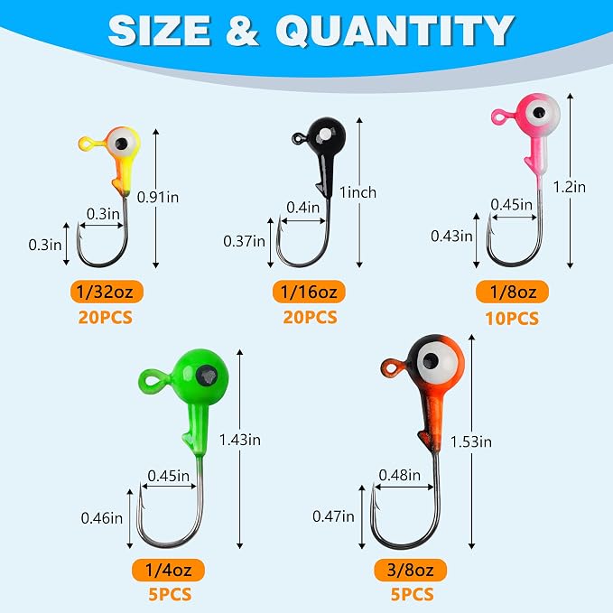 OROOTL Fishing Jig Heads Hooks Set, 60pcs Assorted Round Jig Head with 3D Eyes Painted Jig Heads for Crappie Bass Walleye 3/8oz 1/4oz 1/8oz 1/16oz 1/32oz Saltwater Freshwater Fishing Tackle Kit