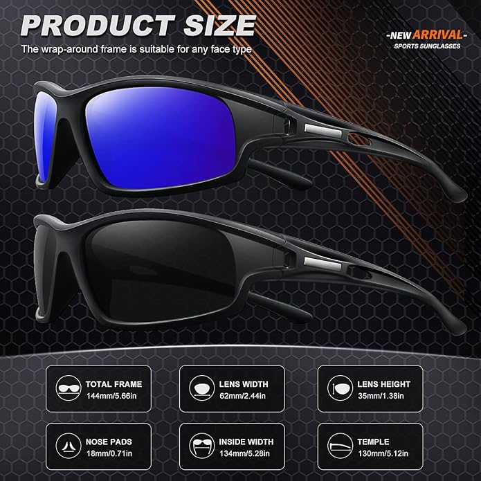Polarized Sports Sunglasses for Men 100% UV Protection Wrap Around Unbreakable Sun Glasses for Fishing Driving