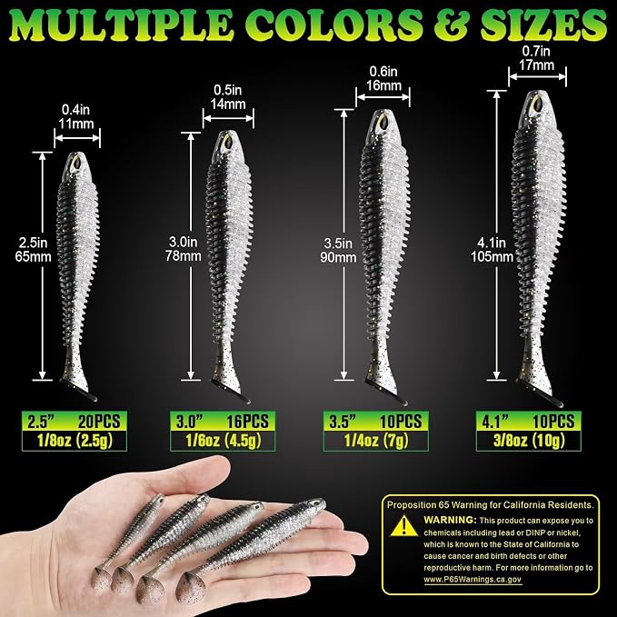 LUCKYFISHING Paddle Tail Swimbaits 10/16/20 PCS Fishing Lures Soft Plastic Lures for Trout Crappie Walleye Soft Baits for Bass Fishing Freshwater Saltwater 4.1/3.5/3/2.5 Inch