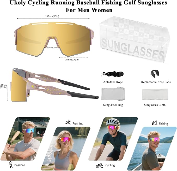 Ukoly Cycling Sunglasses for Men Women with 3 Interchangeable Lenses, Polarized Sports Sunglasses, Baseball Sunglasses