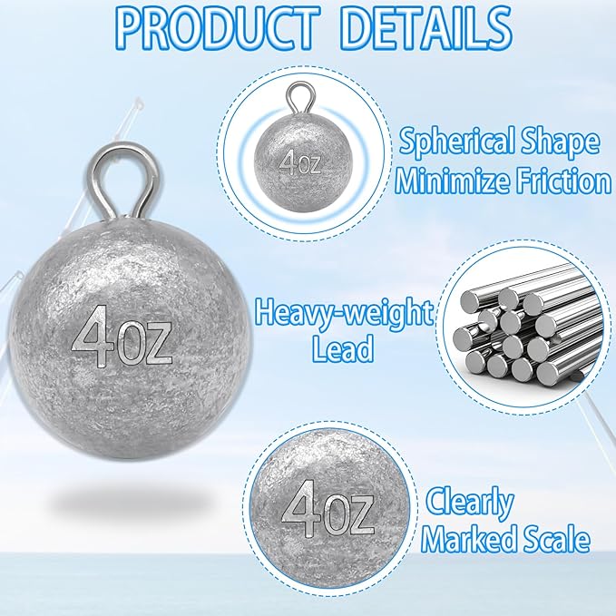 5 Pcs Fishing Round Sinker Cannonball Lead Weights Assortment Egg Drop Bass Weights Saltwater Freshwater Casting 1-5oz