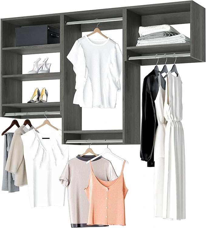 Closet Kit with Hanging Rods - Corner Closet System - Closet Shelves - Closet Organizers and Storage Shelves (Grey, 96 inches Wide) Closet Shelving