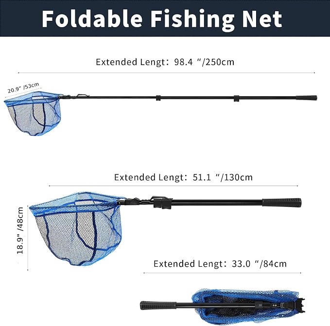 SANLIKE Fishing Net Folding Landing Net with Extra Long Telescoping Pole Handle, 37-98.4inch Rubber Coated Fishing Net for Easy Catch Release, Fish Net for Kids and Adults, 98.4"/ 71"/ 50.4"/ 43"/ 37"