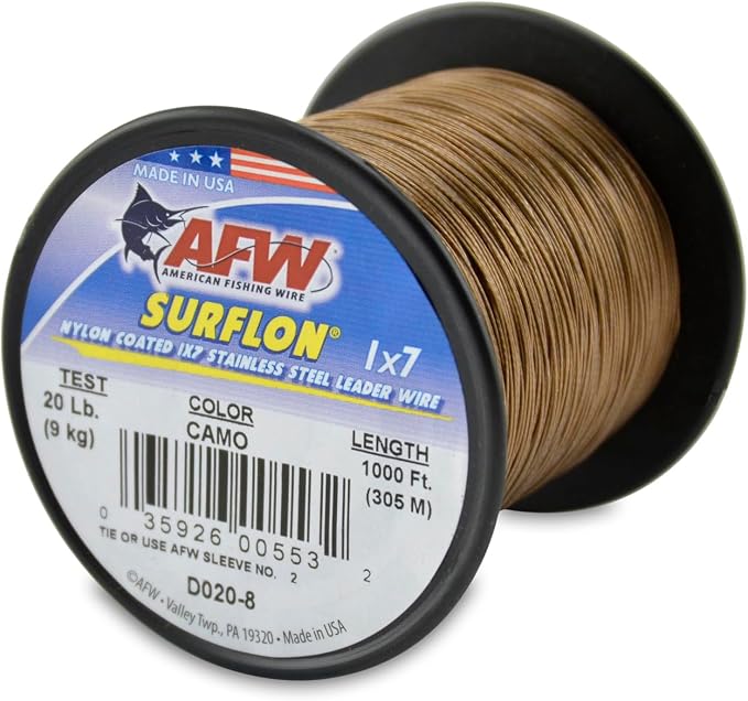 American Fishing Wire Surflon Nylon Coated 1x7 Stainless Steel Wire Leader - Wire Fishing Leader Line for Saltwater 10lb Up To 250lb Test in Bright, Black, Camo in 30ft, 100ft, 300ft, & 1000ft Lengths