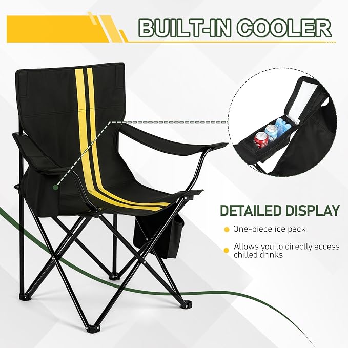 Outvita Heavy Duty Camping Chair with Insulated Cooler, 350LBS Folding Portable Chair with Cup Holder, Side & Back Pockets, Outdoor Foldable Chair for Camping Fishing Tailgating Beach