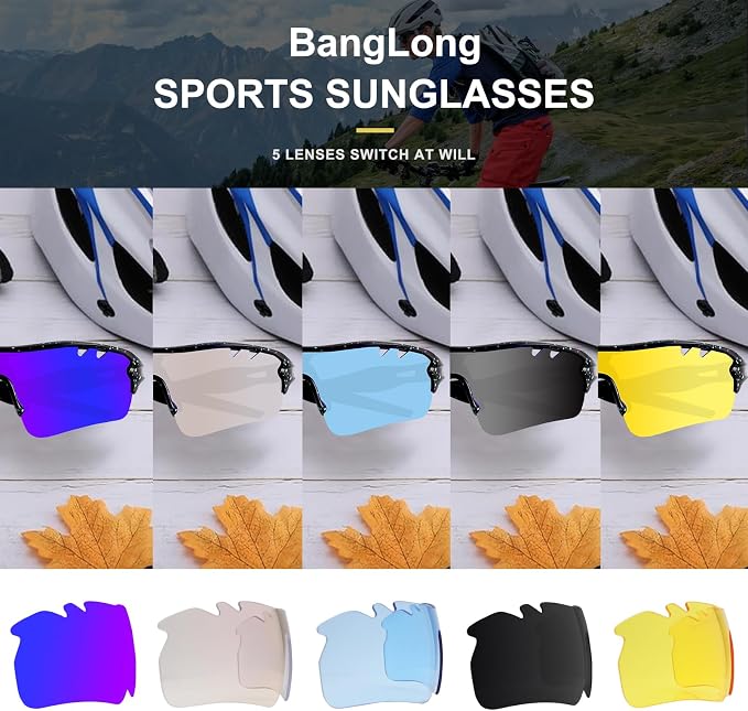 BangLong Polarized Cycling Sunglasses for Men Women, 26g Sports Sunglasses with 5 Lenses for Running Fishing Baseball Driving
