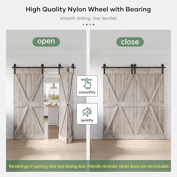 76" Bifold Sliding Barn Door Hardware Track Kit,Side Mounted Black Spoke Wheel Roller,Smoothly and Quietly,Assembly Easy,Fit Four 18" Bi-Folding Doors (Door Not Included)