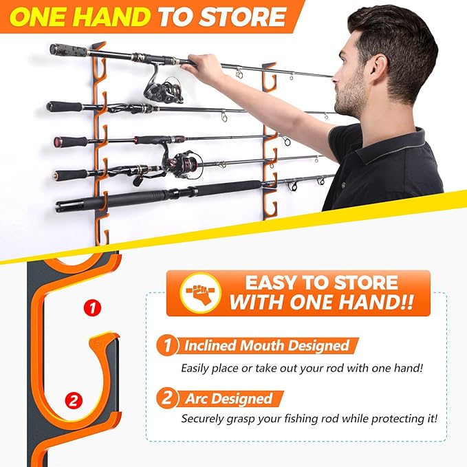 PLUSINNO H5 Horizontal Fishing Rod/Pole Holders for Garage, Wall Ceiling Mounted Fishing Rod Holder, Aviation Aluminum Fishing rod rack Holds up to 5/10/20 Rod or Combos Fishing Gear and Gifts for Men