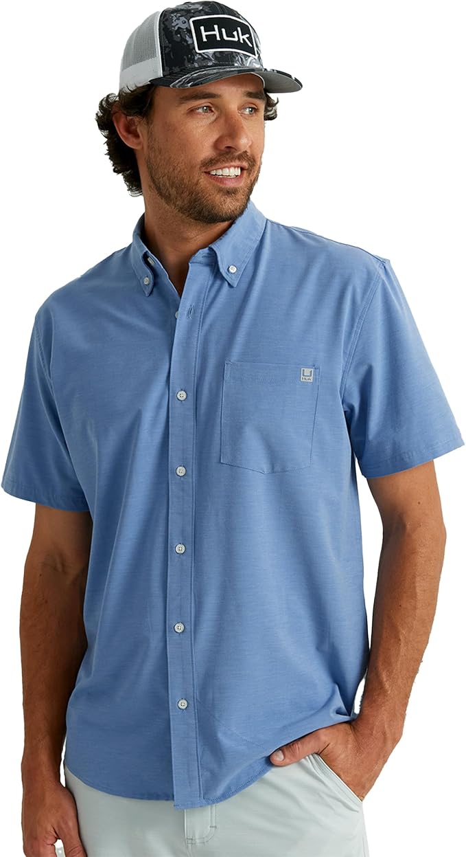 HUK Mens Kona Solid Short Sleeve Fishing Button Down Shirt for Men, Fresh Salmon, 3X-Large