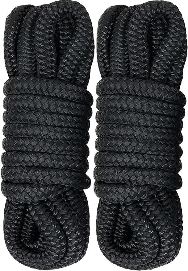 2 Pack 5/8" x 25' Dock Lines - Marine Grade Nylon Boat Rope with 15" Loop for Docking and Mooring - Double Braided Boat Lines, High Strength, Easy Handling, Fray Resistant - Black