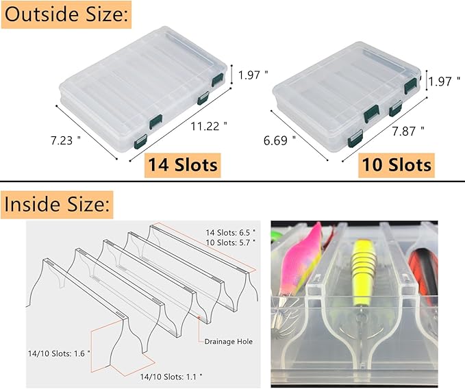 Double-Sided Fishing Lure Hook Tackle Box Visible Hard Plastic Clear Fishing Lure Bait Squid Jig Minnows Hooks Accessory Storage Case Container (Clear-14 Slots 2Pcs)