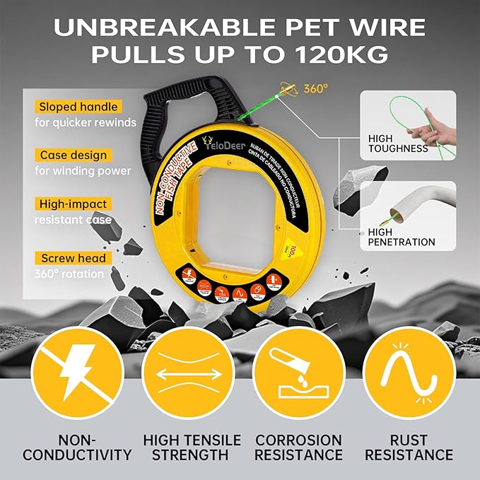 Non-Conductive Fish Tape Wire Puller 100 FT x 4.5 mm with Gloves and 7 Adapters, Flexible PET Wire Fishing Tools for Walls and Electrical Conduit, Rust-Proof