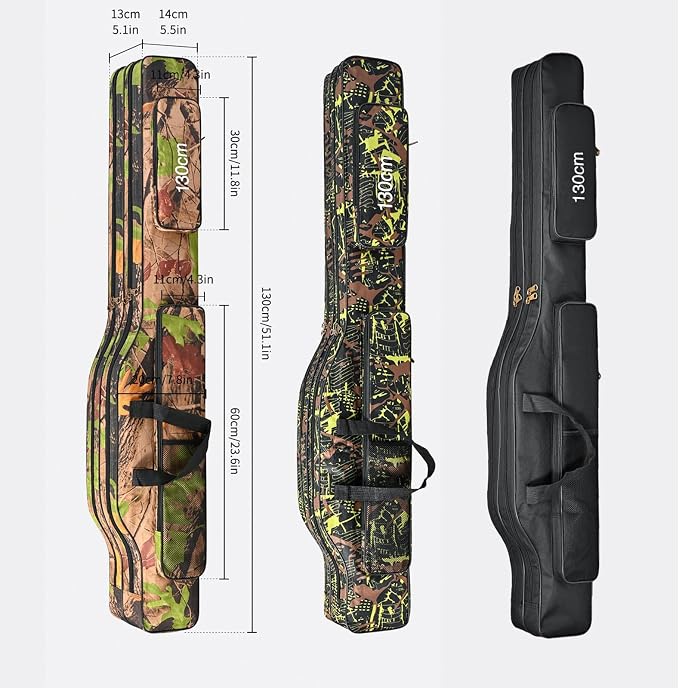 Folding Fishing Rod Case, Travel Fishing Pole Bag for 2-3 Rods with Reels Attached, Waterproof Oxford Storage Organizer with 3 Layers - 51 inch