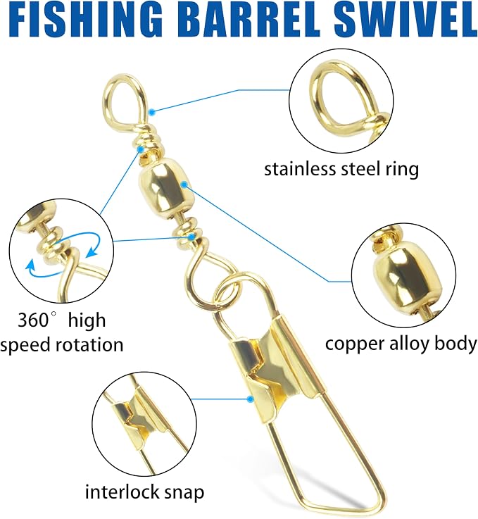 Barrel Swivel Snaps,50/100pcs Fishing Swivel Safety Snaps Stainless Steel Copper Swivel Fishing Multiple Size Black/Gold Fishing Swivel Snaps for Saltwater Freshwater