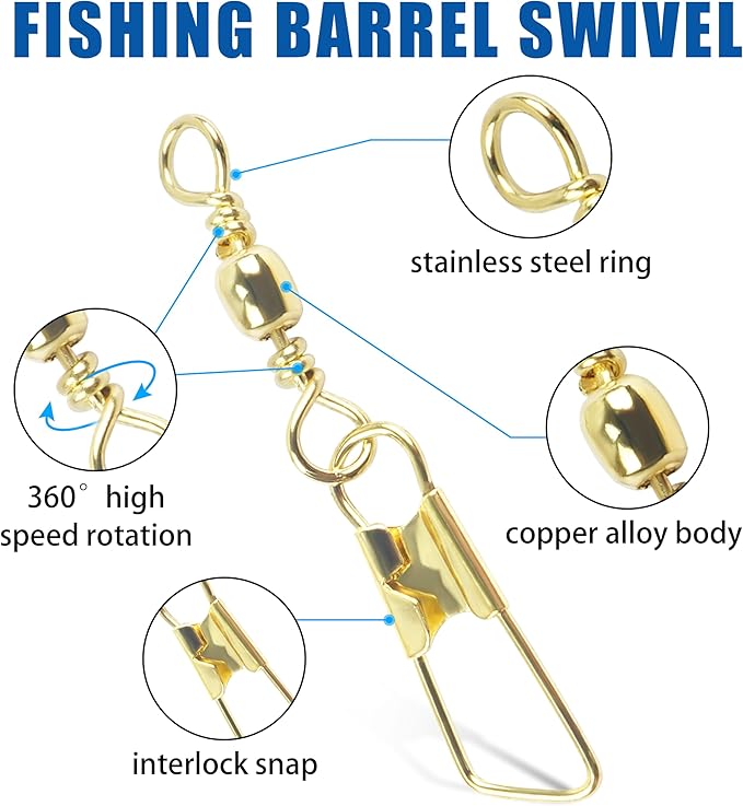 Barrel Swivel Snaps,50/100pcs Fishing Swivel Safety Snaps Stainless Steel Copper Swivel Fishing Multiple Size Black/Gold Fishing Swivel Snaps for Saltwater Freshwater