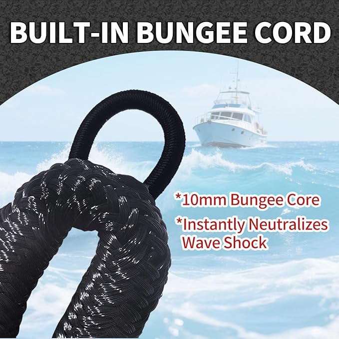 4-Pack Bungee Dock Lines for Boats with Loops, Boat Tie Downs for Docking, Adjustable Boat Mooring Rope for Pontoon, Jon Boat & PWC (Black, 4 FT)