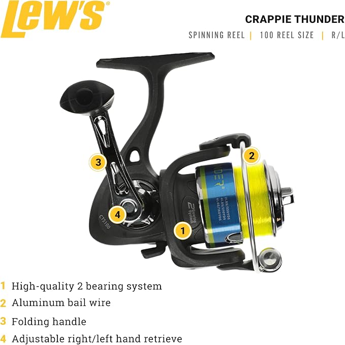 Lew's Crappie Thunder Spinning Fishing Reel, 2 Bearing System, Right or Left-Hand Retrieve, Crappie Thunder Green