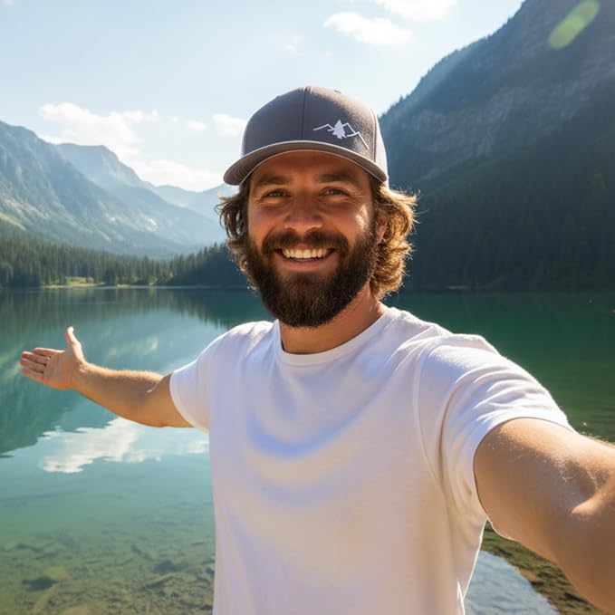 LINDO Trucker Hat [ Great Outdoors Design ] for Men and Women: Mid Profile Cap with Breathable Mesh Back and Adjustable Snap