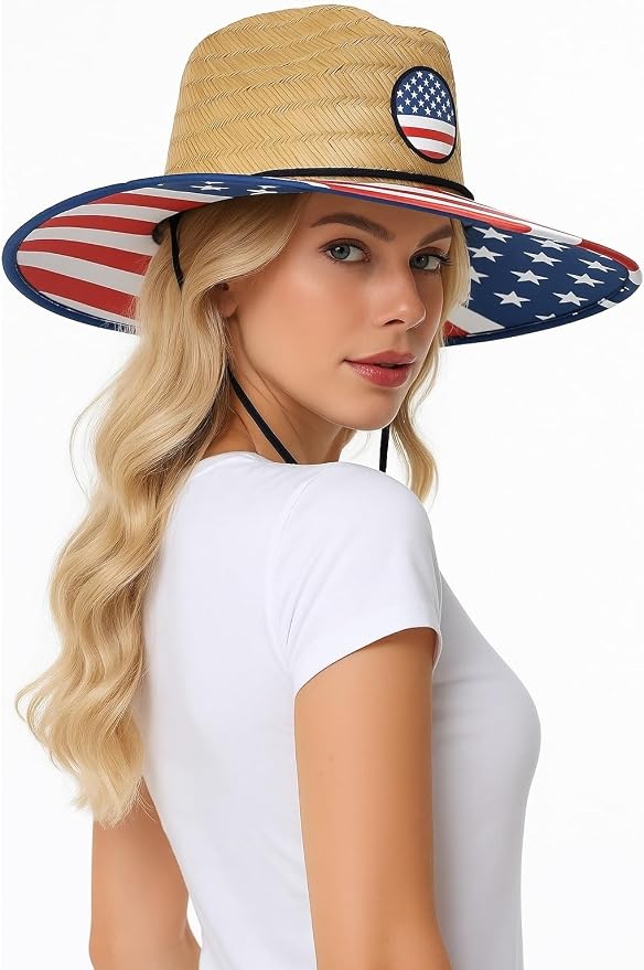 grinderPUNCH Lifeguard Hat Mens Straw Sun Hat for Outdoor American Flag USA Patriotic Straw Beach Fishing Straw Hat for Men