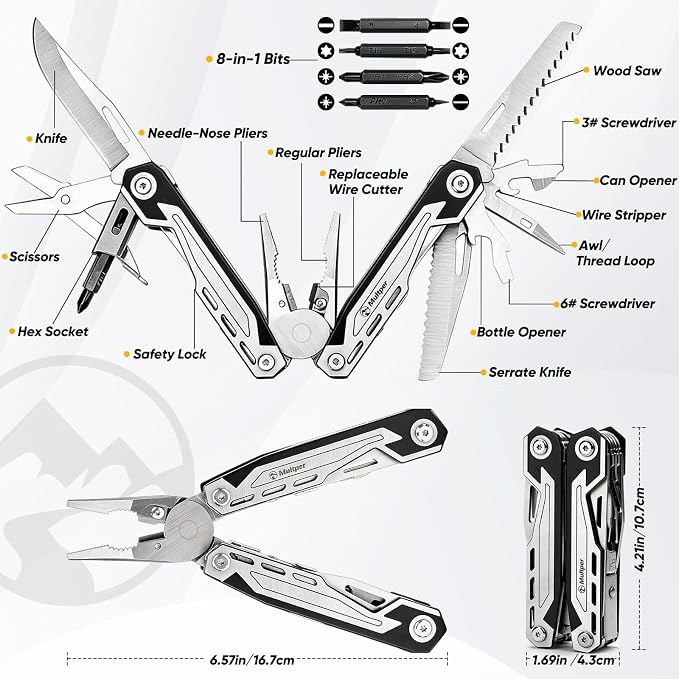 Multper Multitool Pliers MP003AB, 21-in-1 Stainless Steel Multi Tool with Pocket Knife, Screwdriver, Self-locking Pliers for Survival,Outdoor, Camping, Fishing,Hiking, Simple, Repair, Gifts for Men