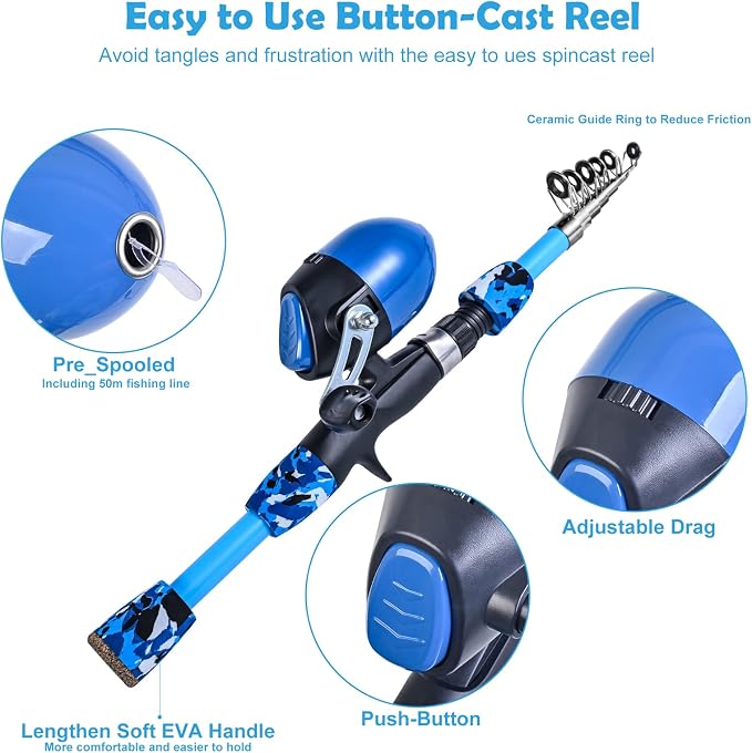 CODEK Kids Fishing Pole Set Portable Telescopic Kids Fishing Rods with Collasible Chair Fishing Net Carrier Bag and Full Kits for Boys and Girls Beginner and Youth 170cm/5.6ft