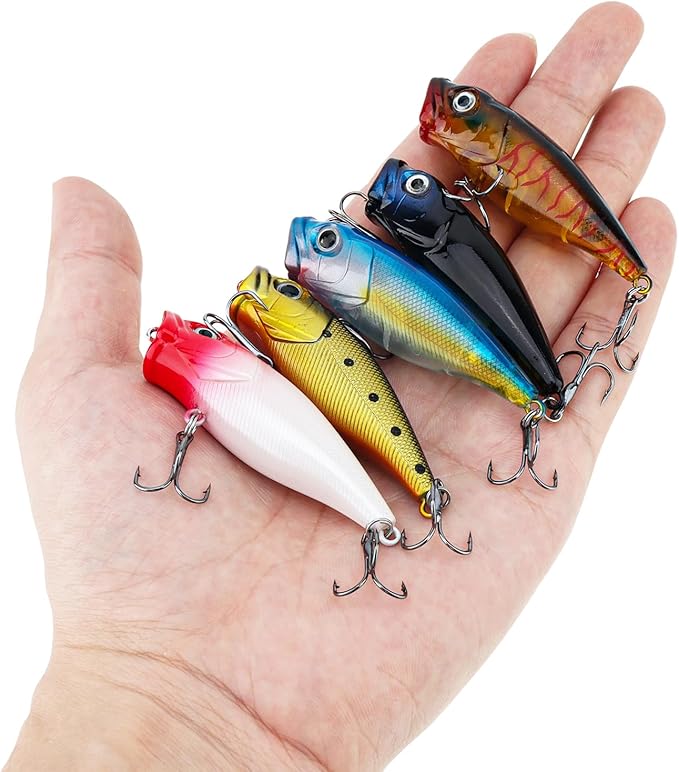 5pcs Fishing Popper Lure, Colorful 3D Eyes Topwater Lures Bass Lures Fishing Hard Baits