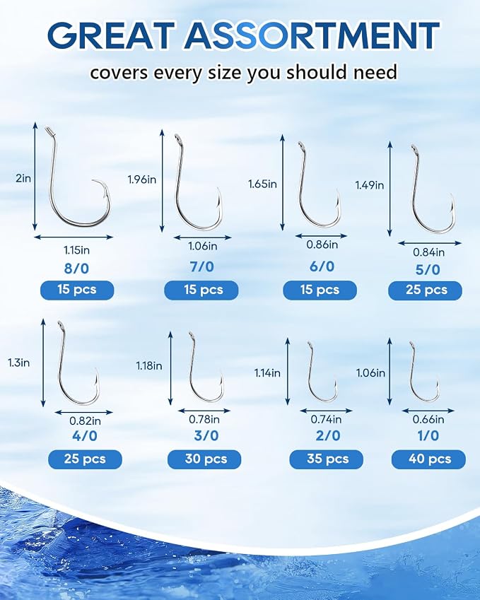 UCEC Circle Hooks Fishing Hooks 2X Strong Offset Circle Hooks Saltwater Black High Carbon Steel Octopus Catfish Fishing Hooks Fishing Gear Tackle 150pcs/ 240pcs - Size:#1 1/0 2/0 3/0 4/0 5/0 6/0 8/0