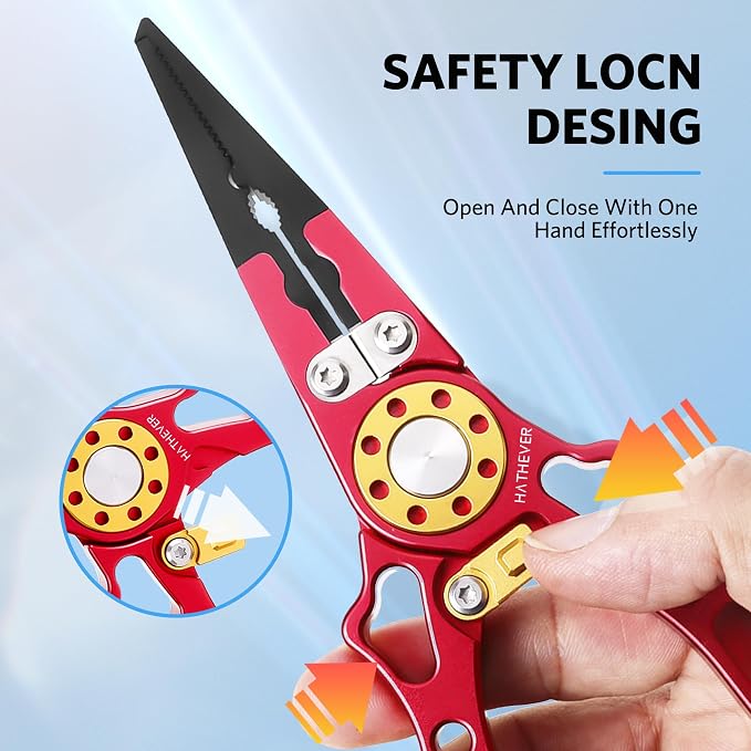 Fishing Pliers Saltwater, Split Ring Pliers Hook Remover with Safety Lock, Fishing Tools with Sheath and Lanyard, Fishing Gifts for Men