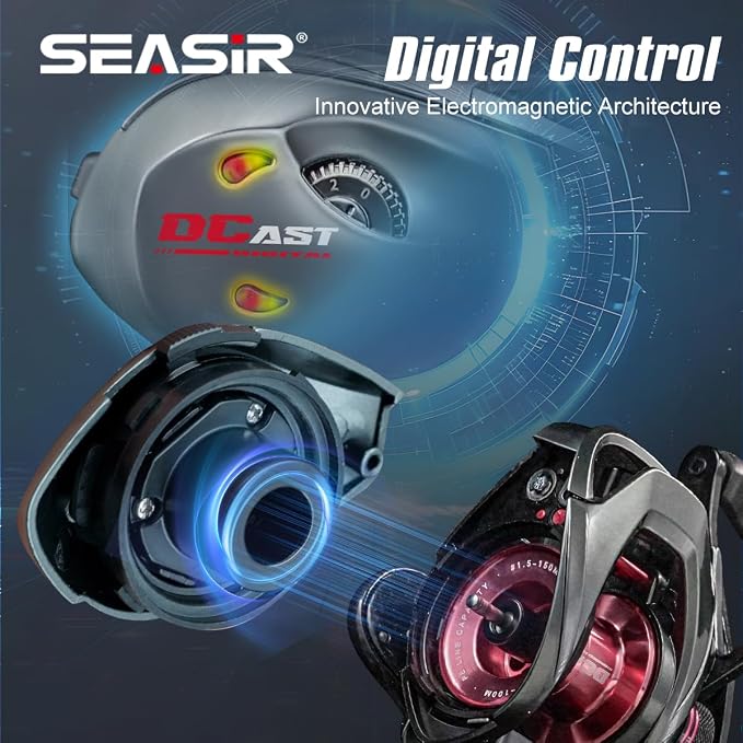 SEASIR DCast Baitcaster Reel, Digital Control Fishing Reel, Ultralight Baitcasting Reel, Freshwater Saltwater, 6.7oz, Max Drag 18.5LB, 7.3:1, 7+1 BB, Carbon Fiber Washer, Grey & Red