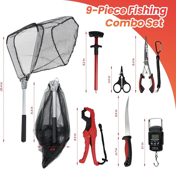 RAWILL 9 Pcs Fishing Tool Kit, Fishing Pliers with Lanyard and Protective Sheaths, Landing Net, Fillet Knife, Fish Scale, Gripper