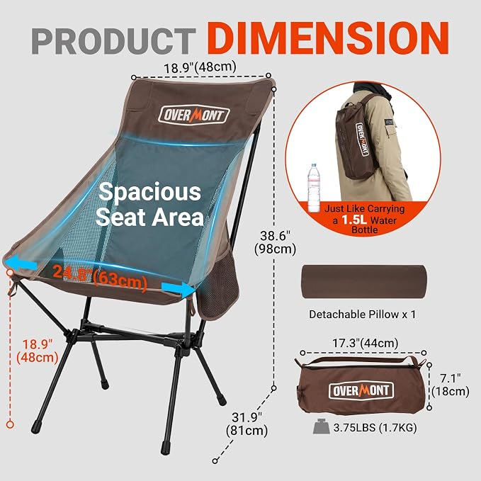 Overmont Portable High-Back Camping Chair - 440LBS Support Oversized Lightweight Folding Backpacking Chair for Adults - Compact with Detachable Pillow for Outdoor Travel Hiking Beach Fishing