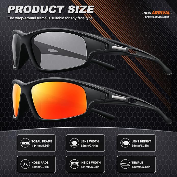 Polarized Sports Sunglasses for Men 100% UV Protection Wrap Around Unbreakable Sun Glasses for Fishing Driving