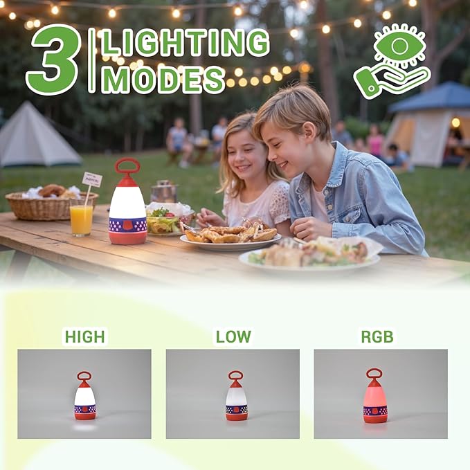 Kids Camping Lantern & Night Light, Battery Powered, 360° Eye-Safe Light, American Flag Pattern, IPX4 Waterproof Scout Gear & Decor (American Flag, 3× AAA Included)